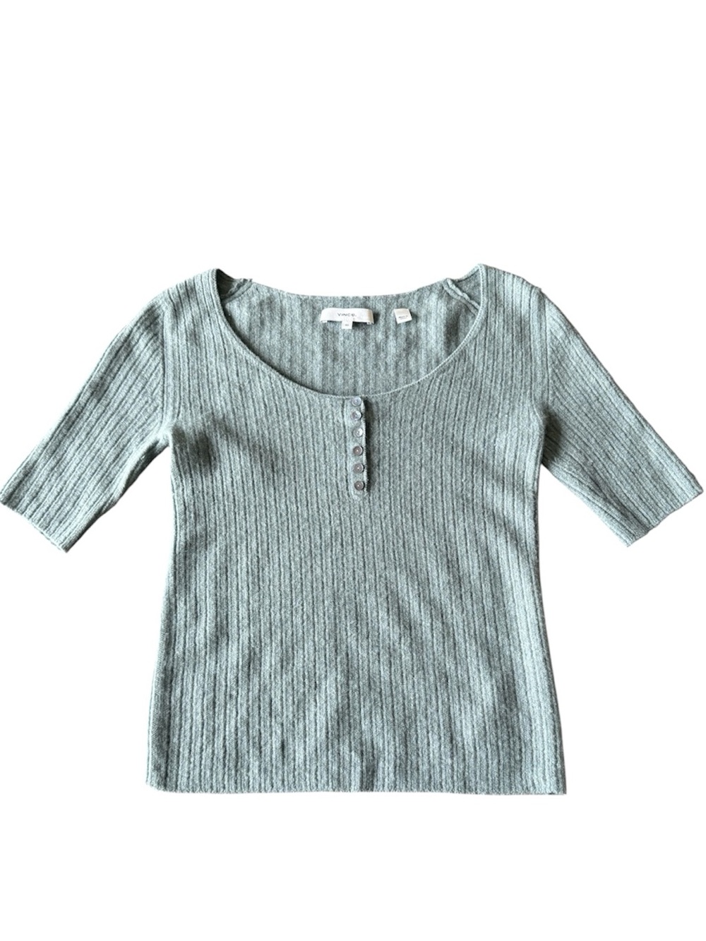 Vince Ribbed 100% Cashmere Scoop Neck Henley Top - Steel Blue/Green